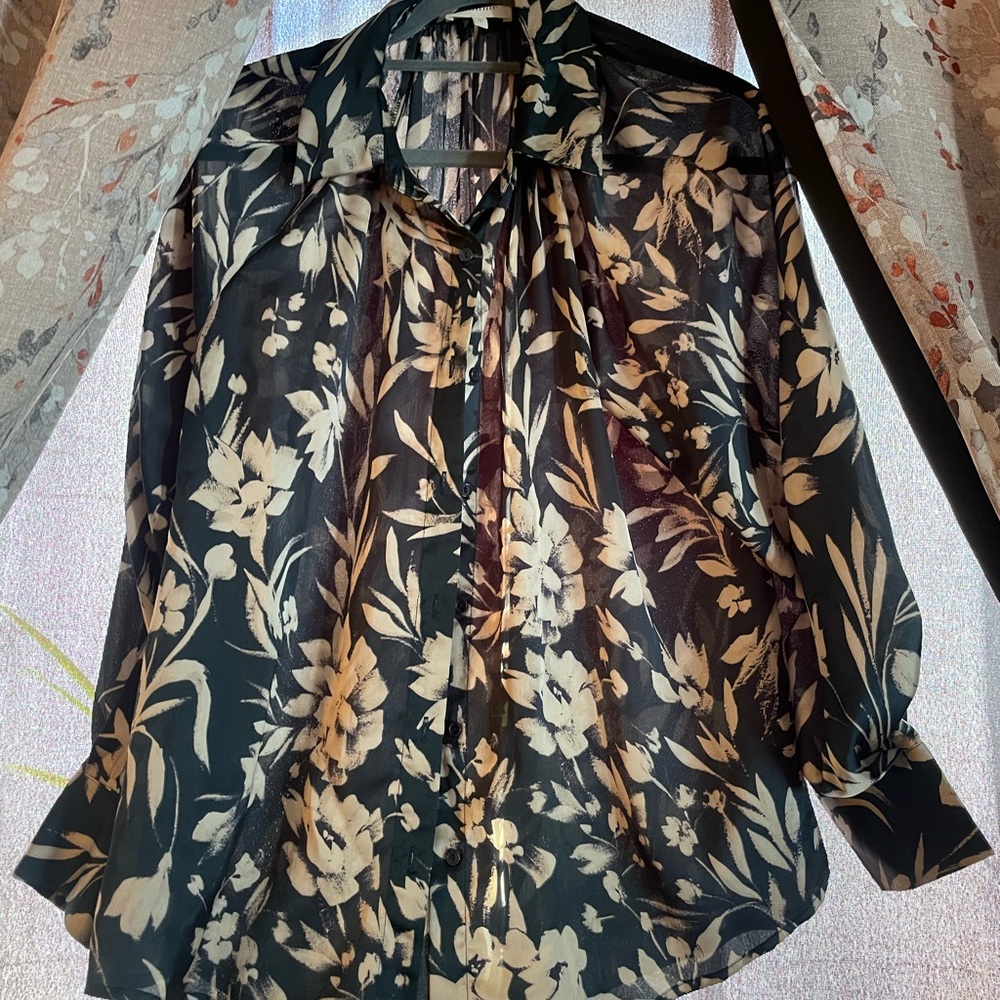 Bohme Dark Green and Cream Floral Blouse